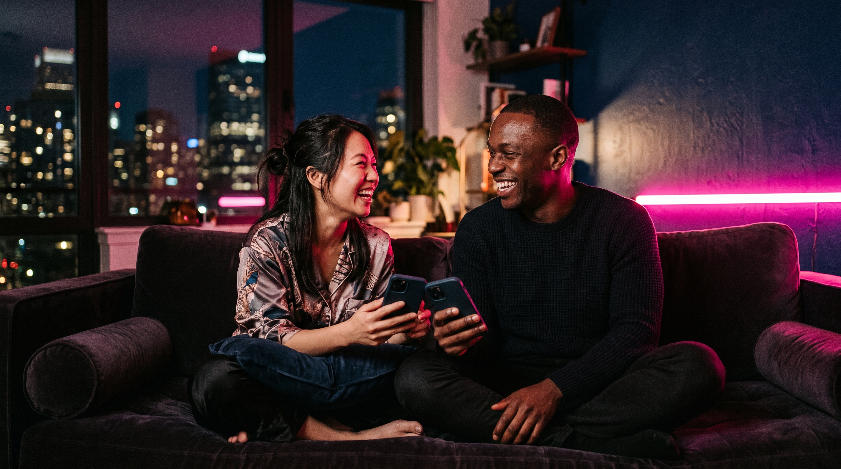 A couple laughing on a dark sofa holding phones between them, lit by hot pink neon