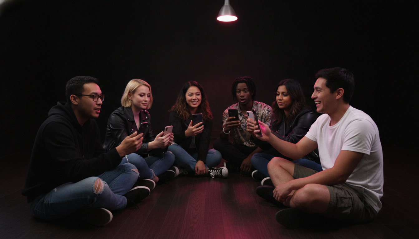 Six friends sitting in a circle on hardwood floor with phones raised, empty room, pink screen glow.
