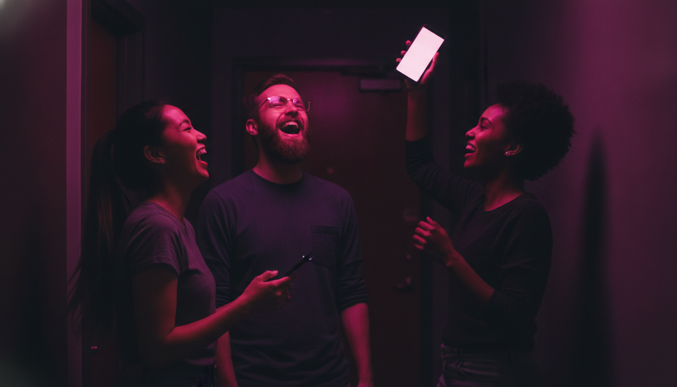 Three friends laughing in a dark apartment hallway, phones lifted, pink screens lighting their faces.